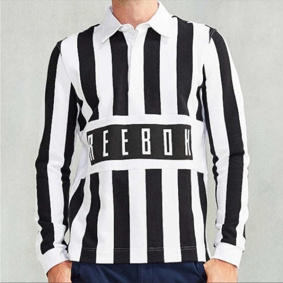 Reebok Mens Black Vertical Stripe Long Sleeve Polo - Picture 1 of 8